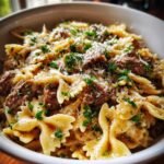 Creamy Garlic Parmesan Beef Bowtie Pasta for Christmas