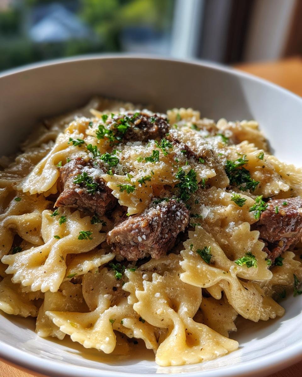 Creamy Garlic Parmesan Beef Bowtie Pasta for Christmas - detail 2