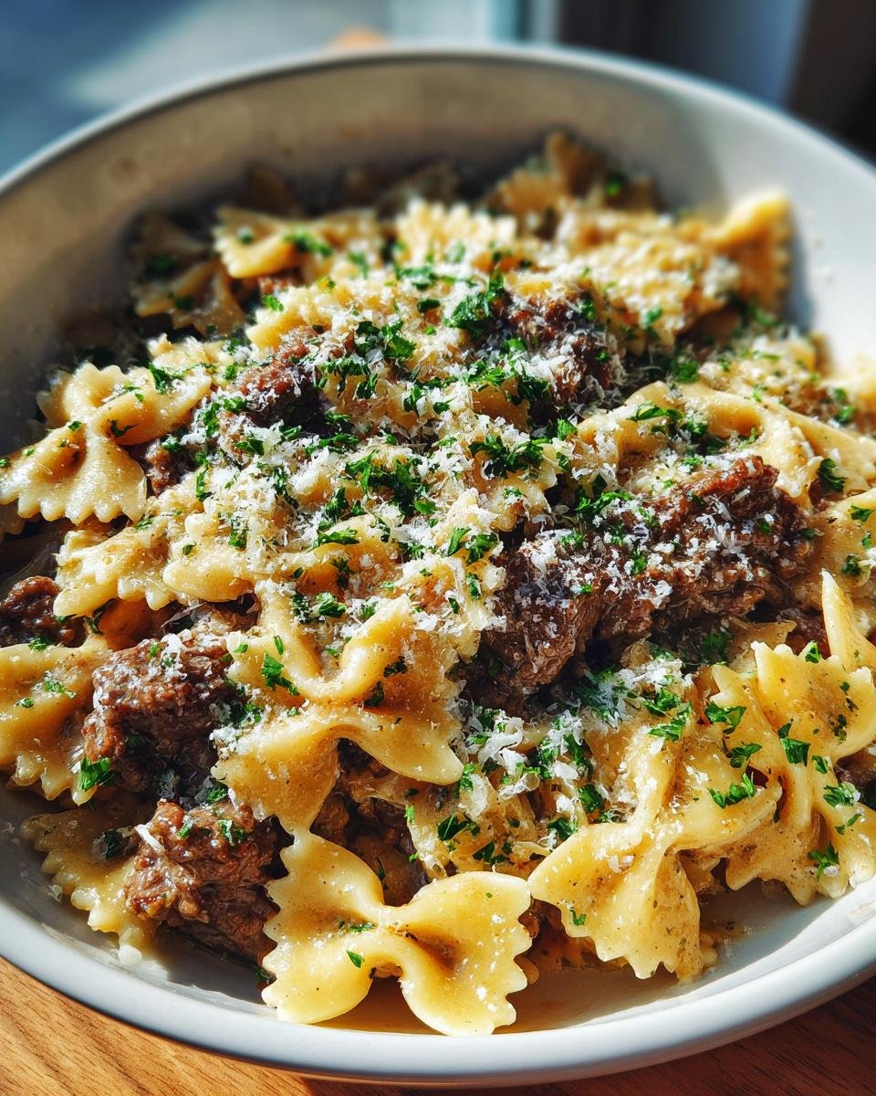 Creamy Garlic Parmesan Beef Bowtie Pasta for Christmas - detail 3