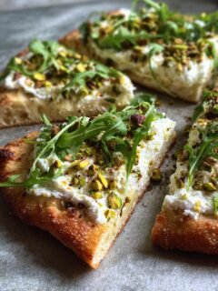Pistachio and Honey Whipped Ricotta Flatbread with Arugula for Christmas