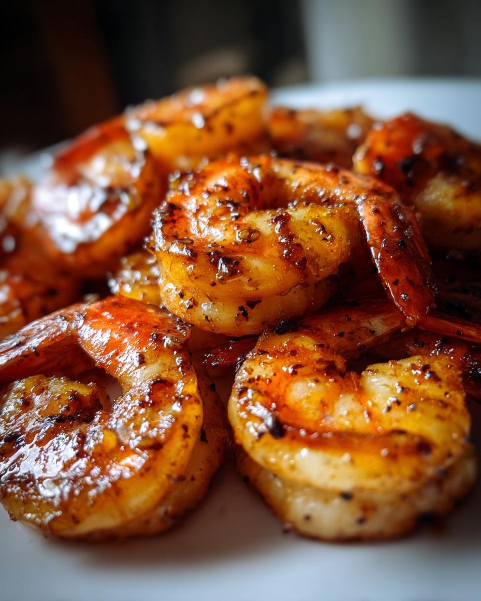 Close-up of glistening, perfectly cooked 10 Minute Honey Garlic Shrimp with visible seasoning.