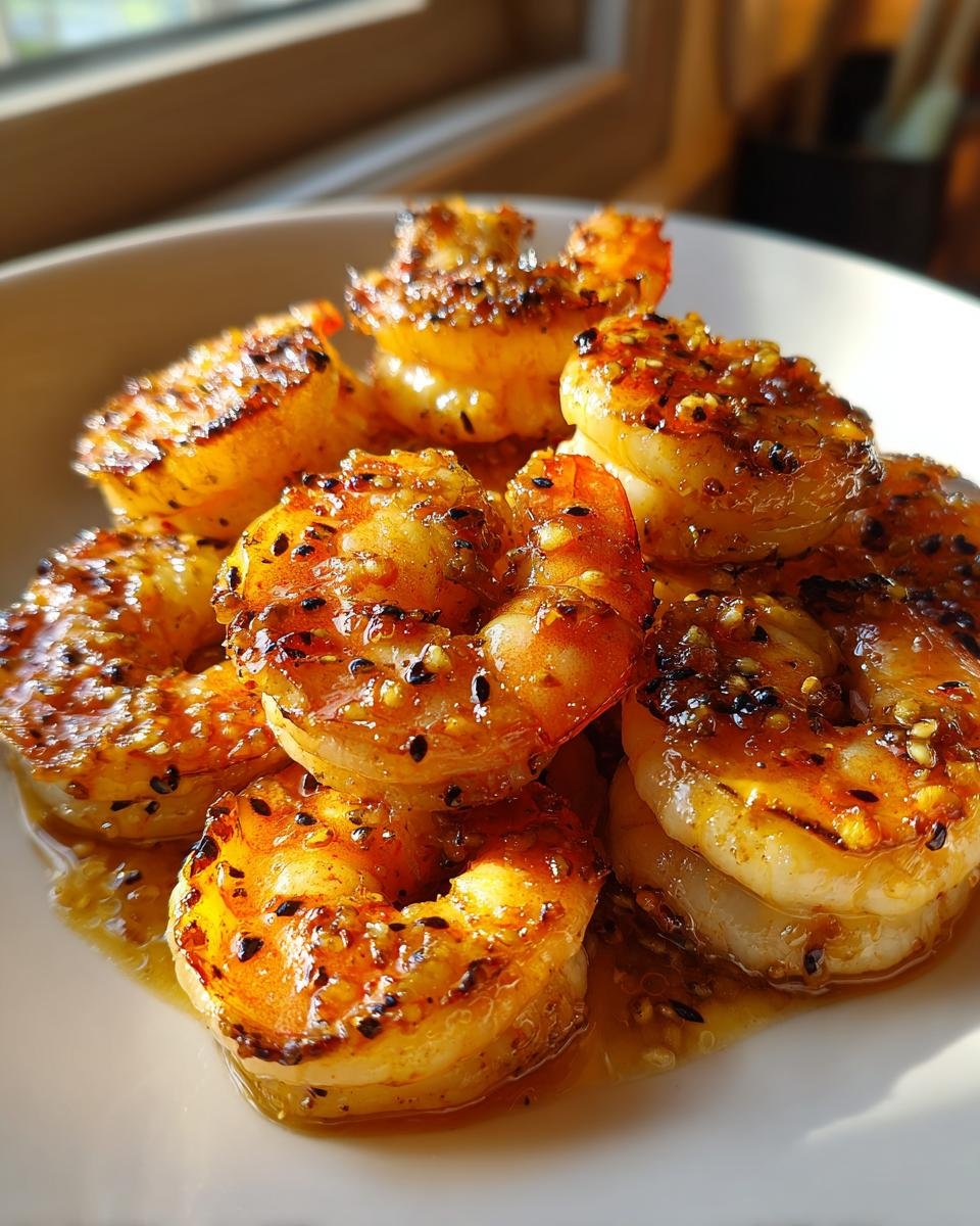 Close-up of glistening 10 Minute Honey Garlic Shrimp, coated in a savory sauce and sprinkled with sesame seeds.