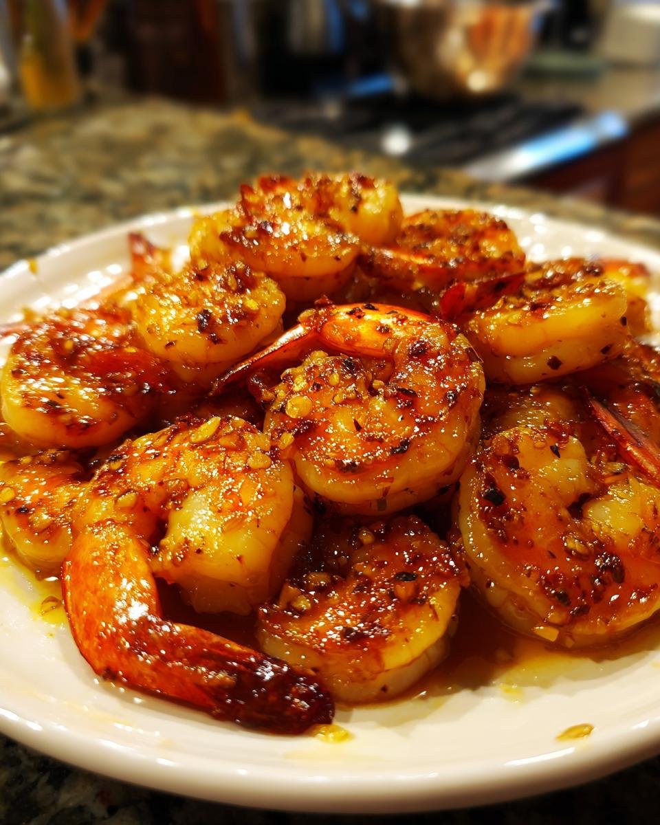 A plate full of glistening 10 Minute Honey Garlic Shrimp, coated in a rich sauce with visible garlic pieces.