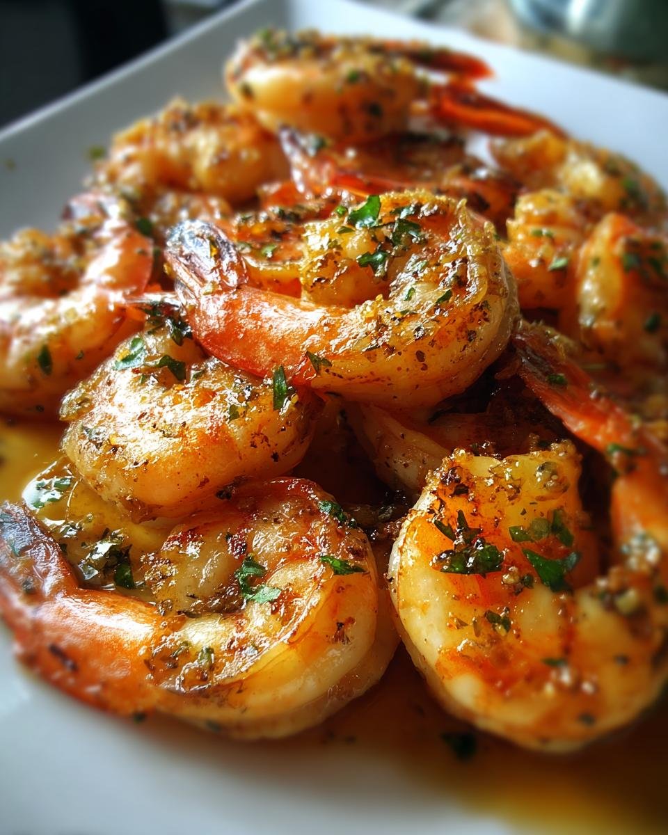 Close-up of a plate piled high with glistening 10 Minute Honey Garlic Shrimp, garnished with fresh parsley.