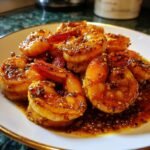 Close-up of a plate piled high with glistening, perfectly cooked honey garlic shrimp, coated in a rich, savory sauce.