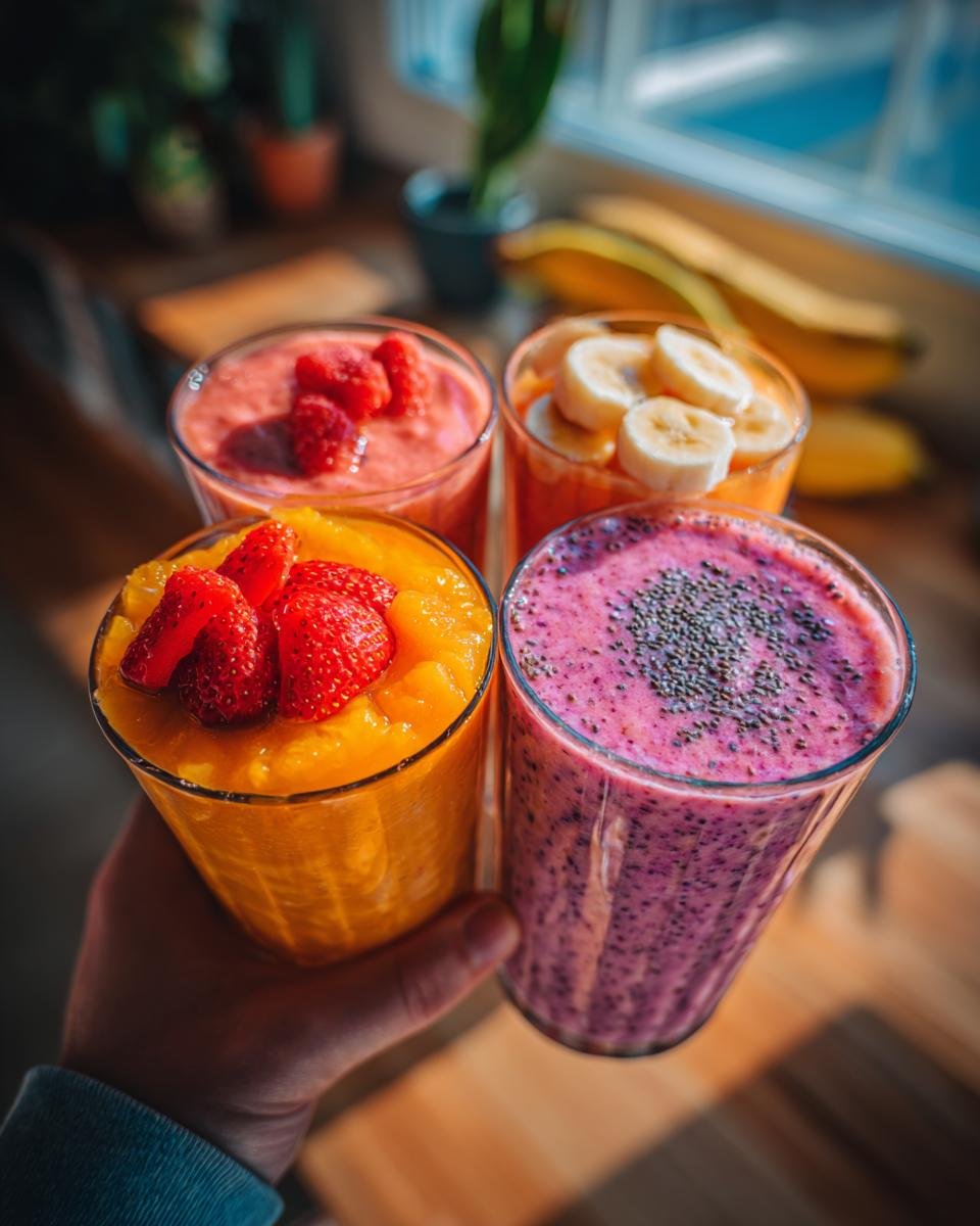 Four glasses filled with colorful, delicious smoothies, topped with fresh fruit and chia seeds.