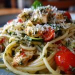 Parmesan Zucchini Tomato Chicken Spaghetti with Basil Pesto