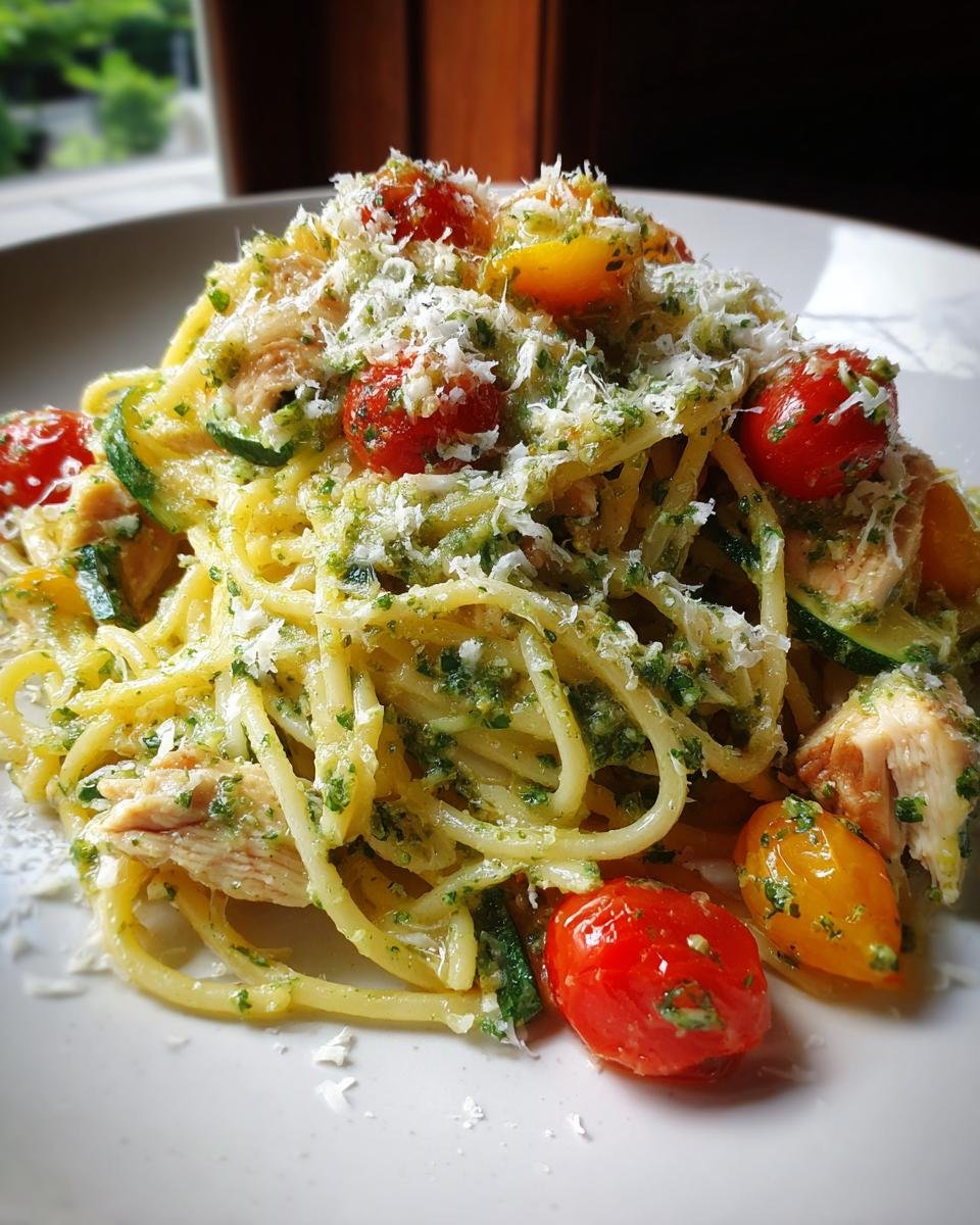 Parmesan Zucchini Tomato Chicken Spaghetti with Basil Pesto - detail 2