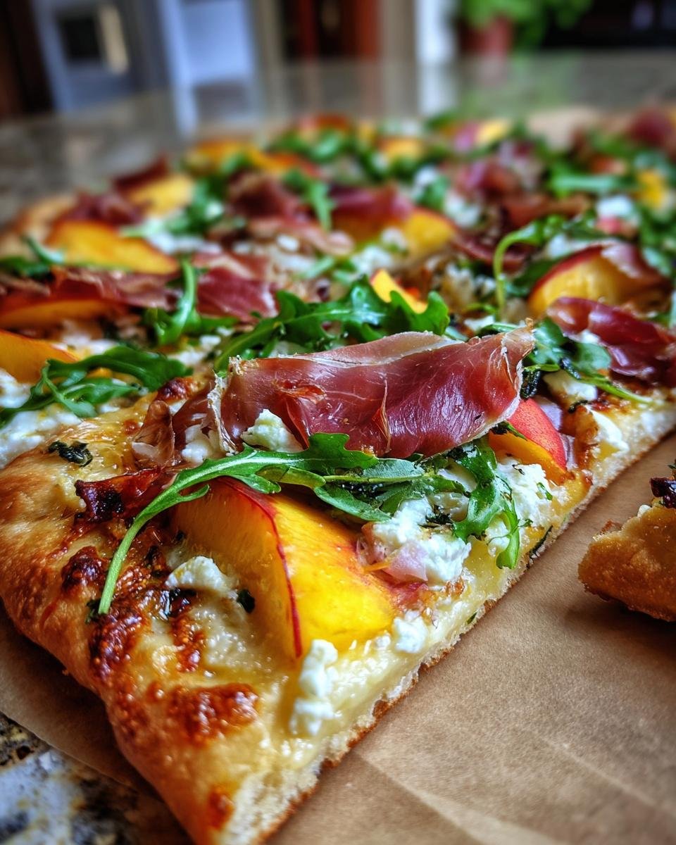 Peach and Prosciutto Flatbread with Goat Cheese and Arugula - detail 1