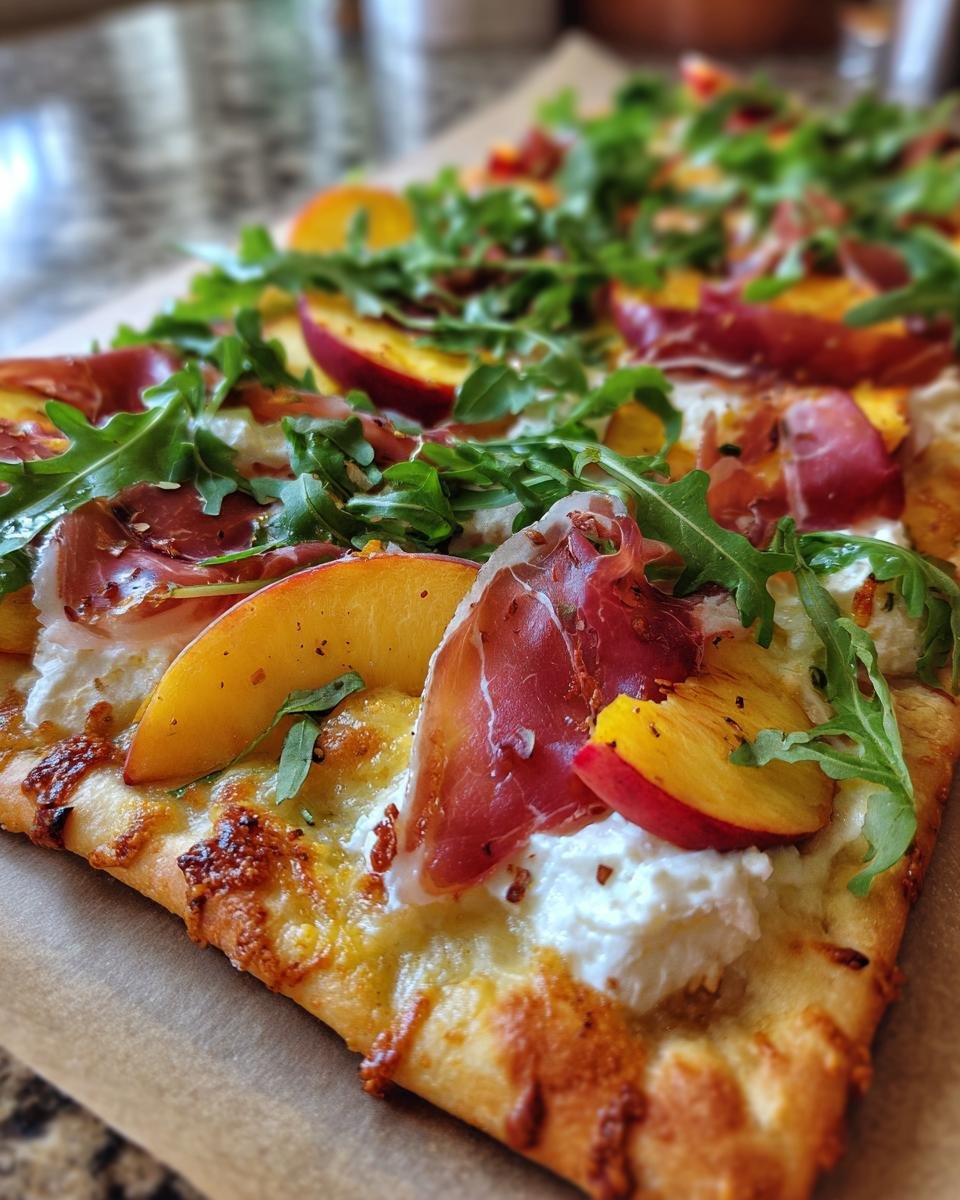 Peach and Prosciutto Flatbread with Goat Cheese and Arugula - detail 4