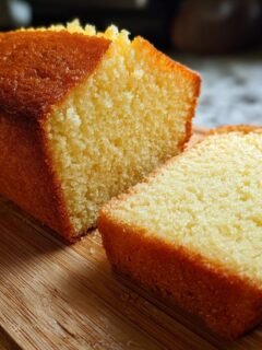 A close-up of a golden brown Almond Flour Pound Cake loaf with one slice cut, showing its tender crumb.