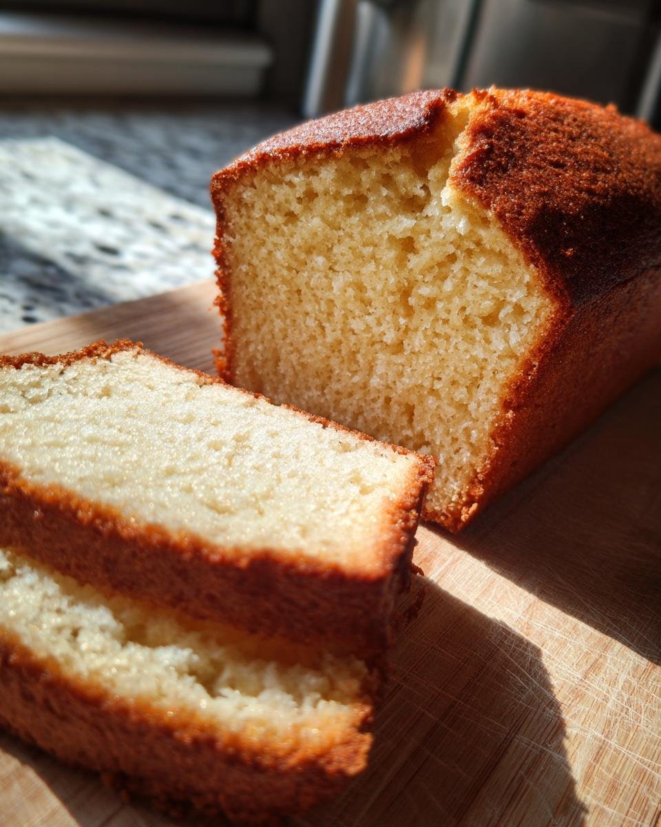 A golden-brown Almond Flour Pound Cake loaf with two slices cut, showcasing its tender crumb.