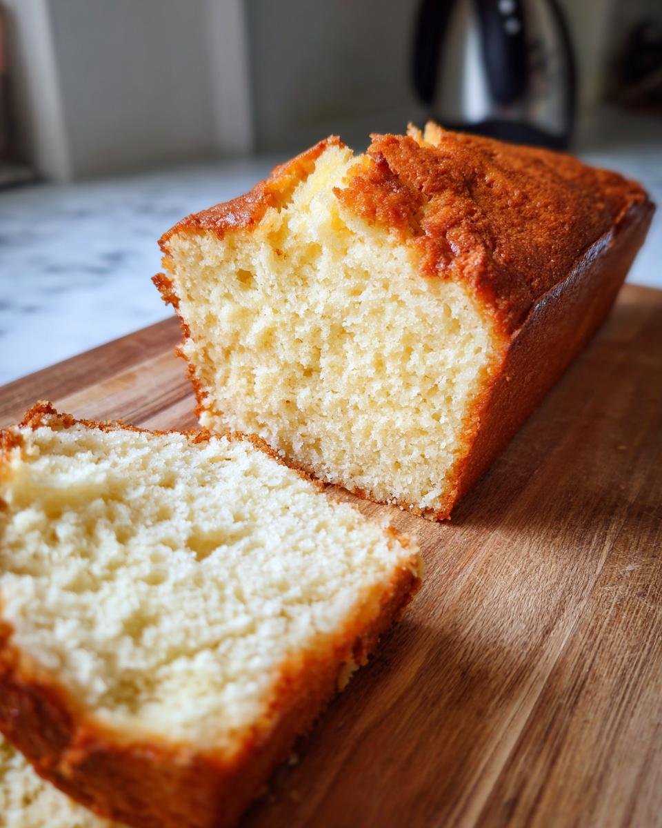 A slice of delicious Almond Flour Pound Cake is cut and placed on a wooden board, showcasing its tender crumb.