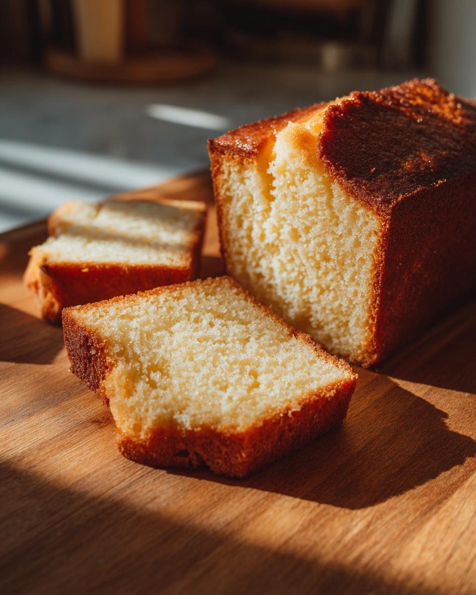 Close-up of moist Almond Flour Pound Cake slices on a wooden board, bathed in natural light.
