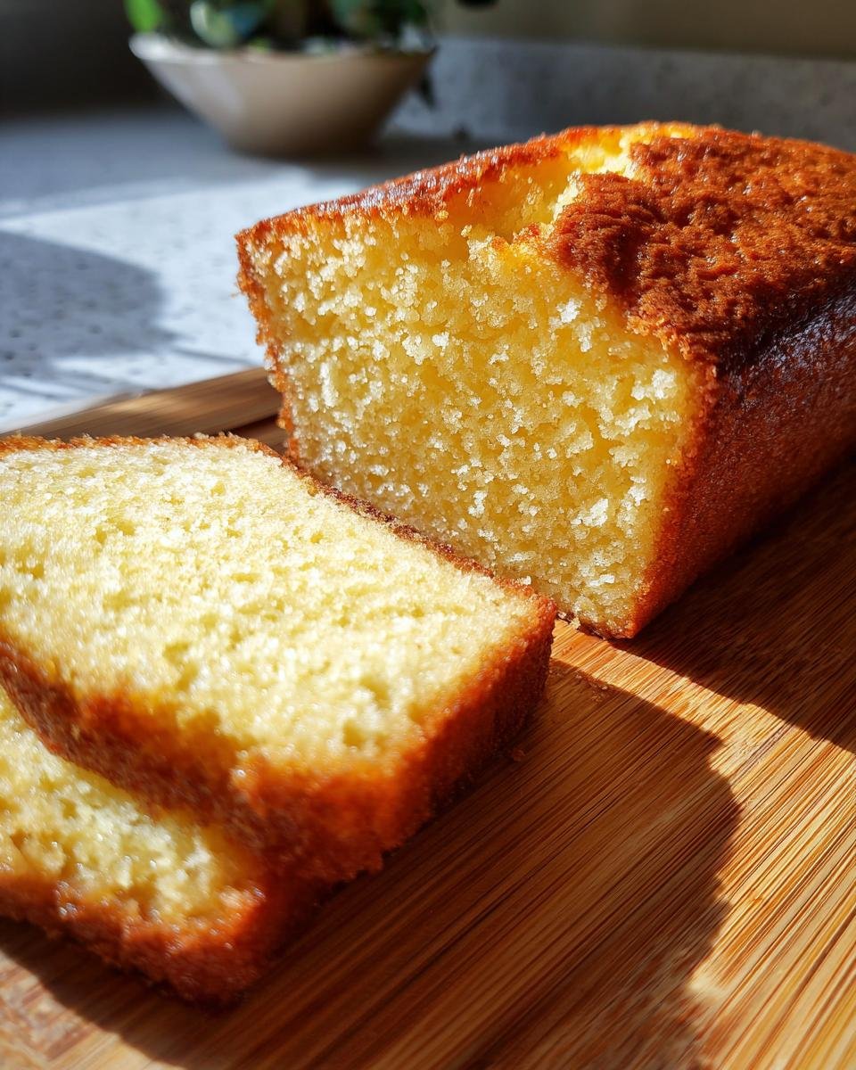 Close-up of two slices of golden Almond Flour Pound Cake on a wooden board, with the rest of the loaf in the background.