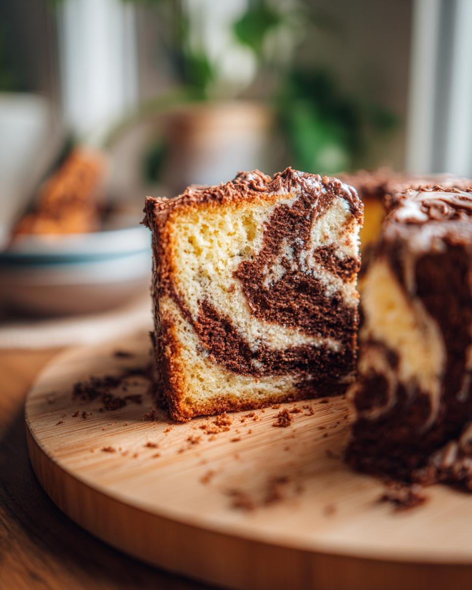 A close-up of a slice of Amazing Marble Cake, showcasing the beautiful chocolate and vanilla swirls and chocolate frosting.