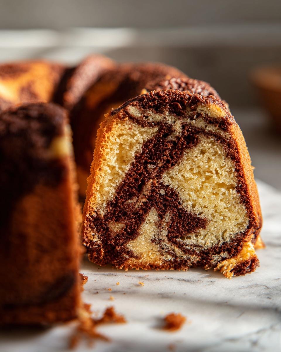 Close-up of a slice of Amazing Marble Cake, showcasing the distinct chocolate and vanilla swirls.
