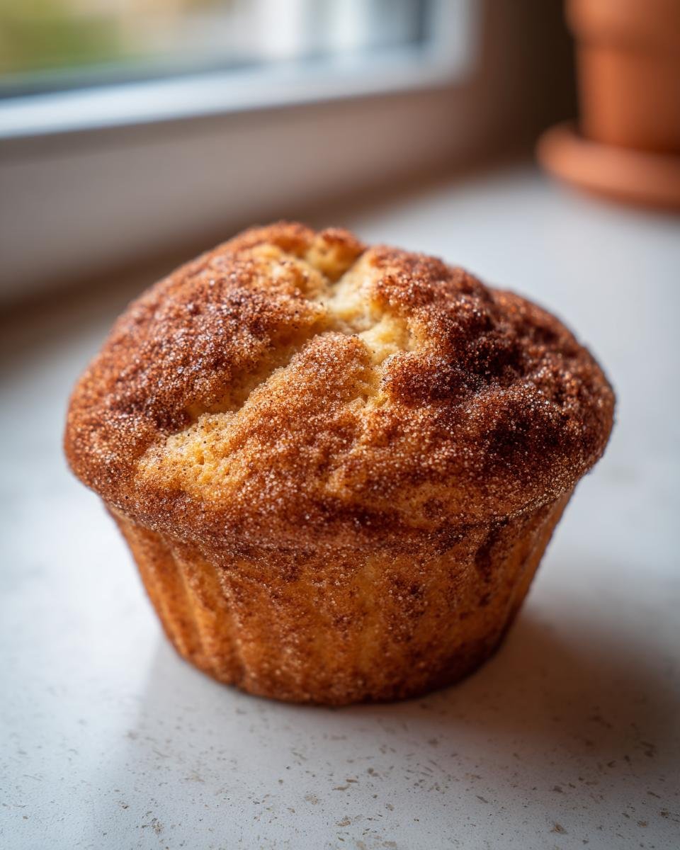A close-up of a golden-brown Apple Cinnamon Muffin, dusted with cinnamon sugar.