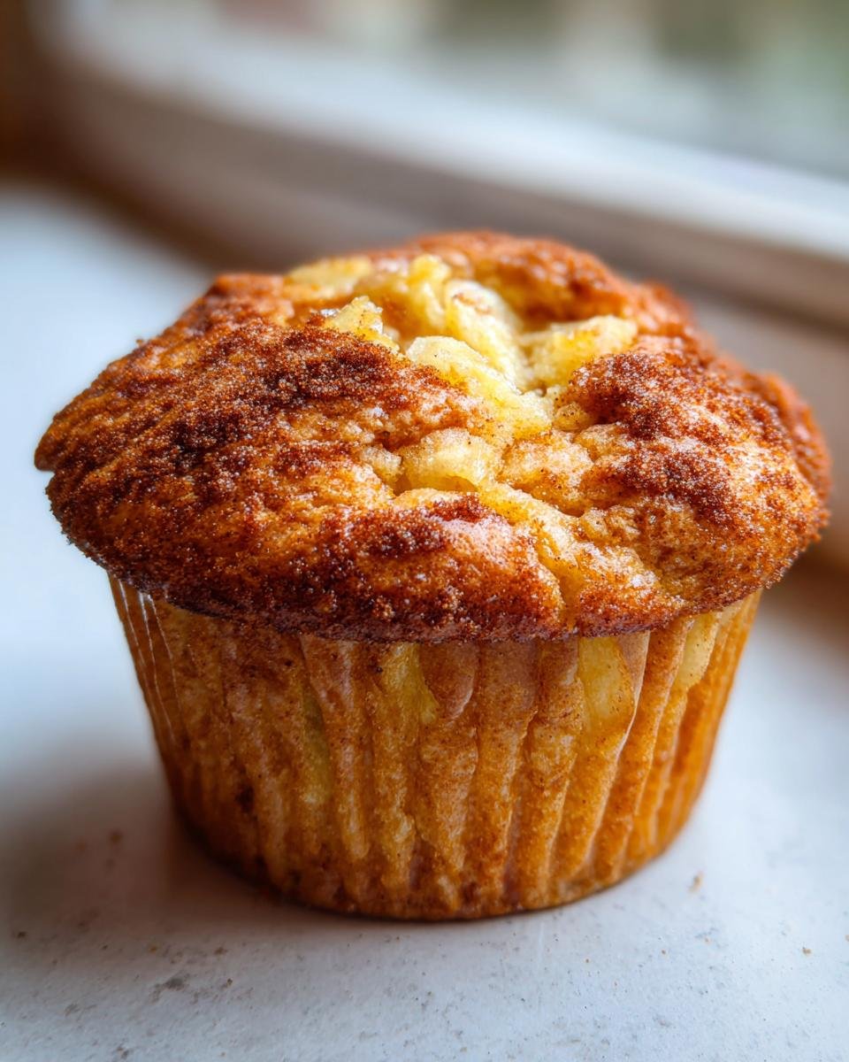 Close-up of a golden brown Apple Cinnamon Muffin with a crumbly cinnamon sugar topping.
