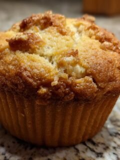 A close-up of a perfectly baked Apple Cinnamon Muffin with a golden-brown, textured top.