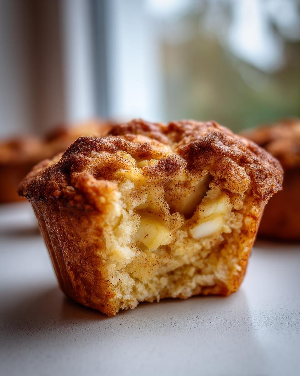 A close-up of a perfect apple cinnamon muffin with a bite taken out, revealing chunks of apple and cinnamon.