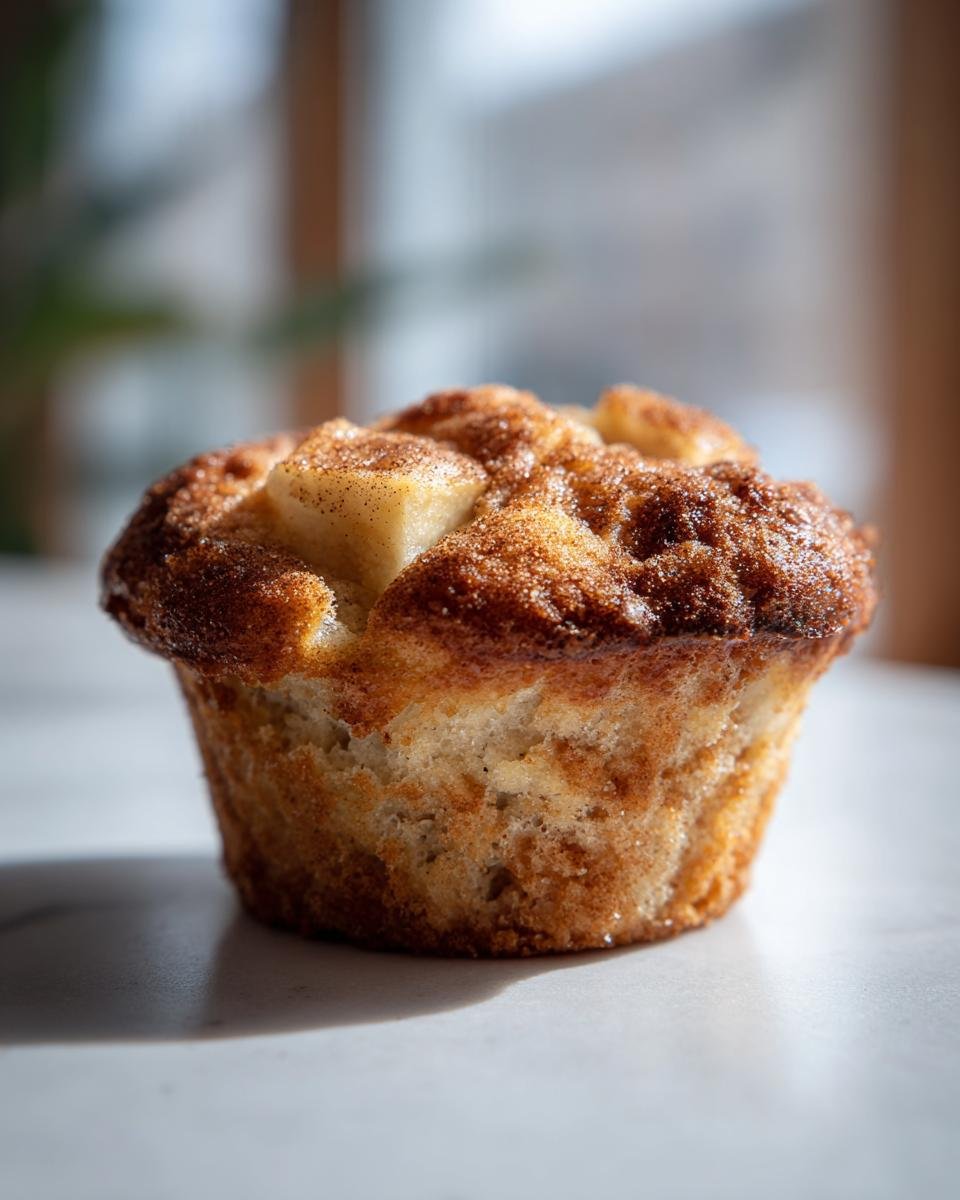 Close-up of a golden-brown Apple Cinnamon Muffin with visible chunks of apple and cinnamon.