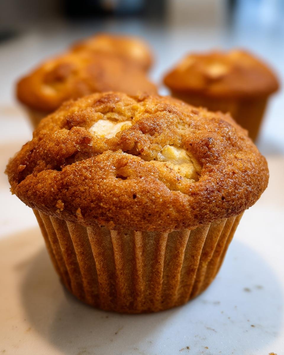 Close-up of a golden brown Apple Cinnamon Muffin with visible chunks of apple on top.