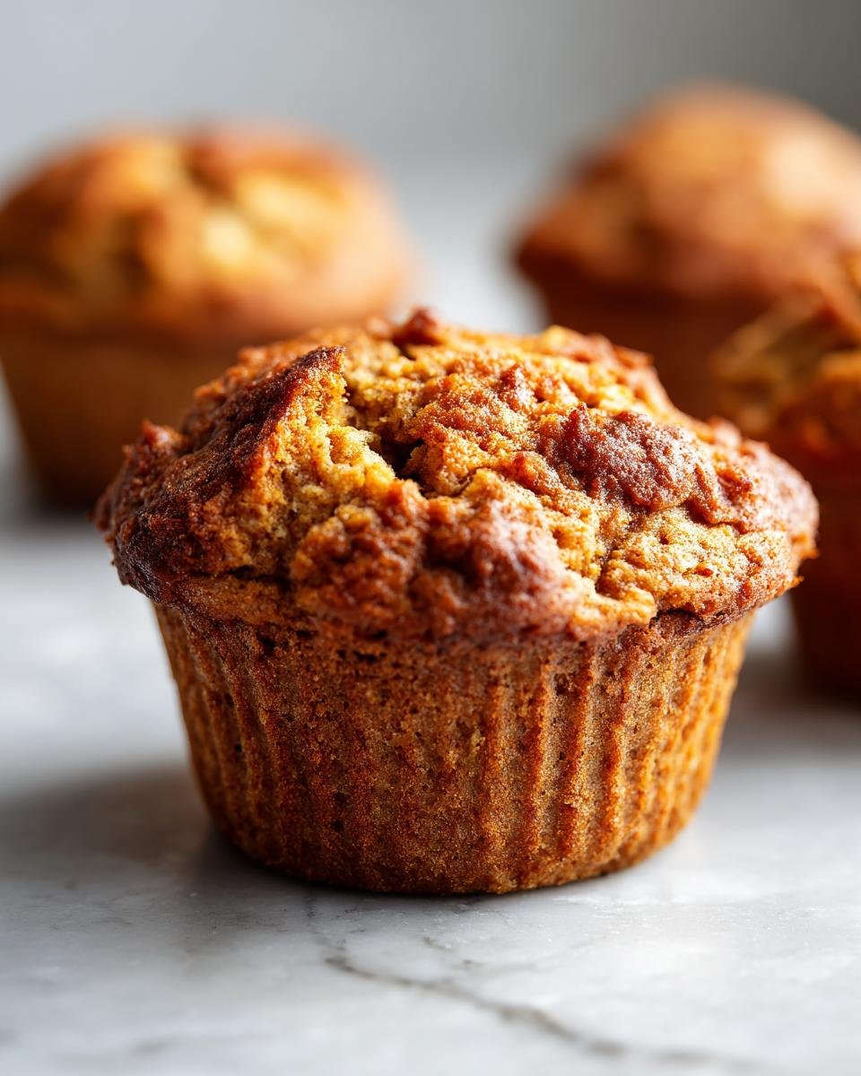Close-up of a golden brown Apple Cinnamon Muffin with a slightly cracked top, on a marble surface.