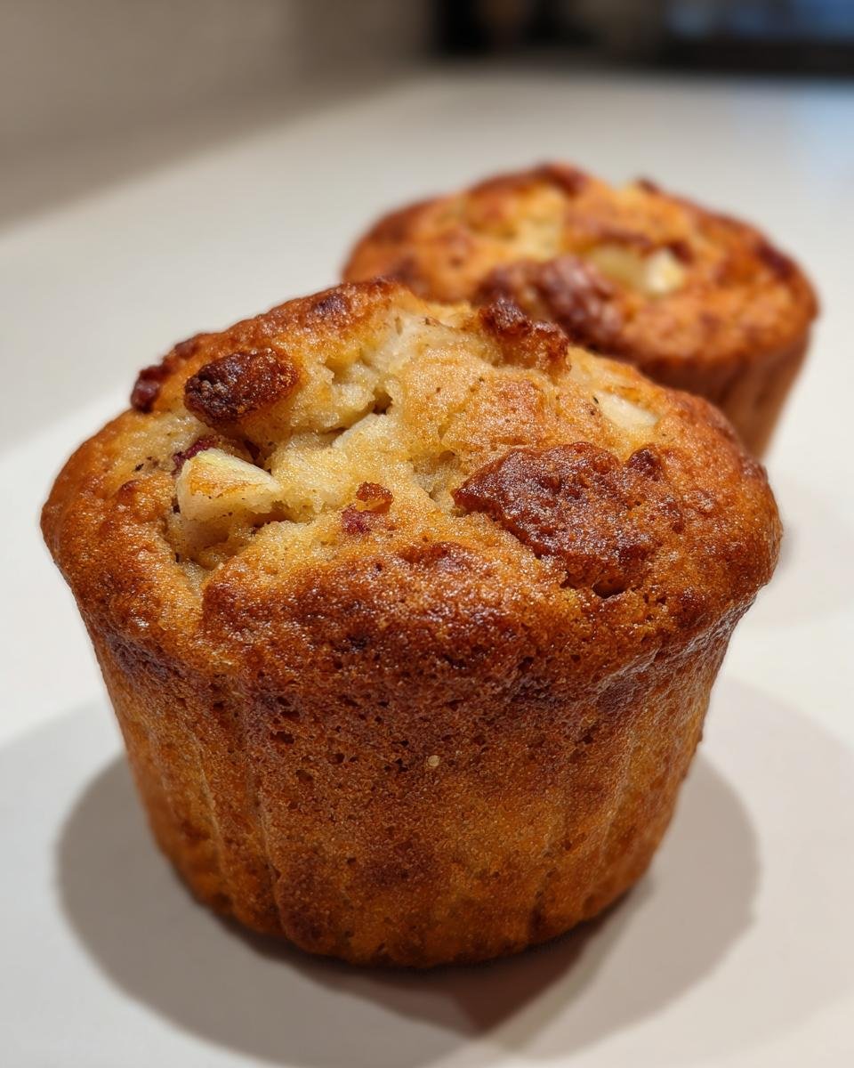 Close-up of two golden-brown Apple Cinnamon Muffins on a white surface.