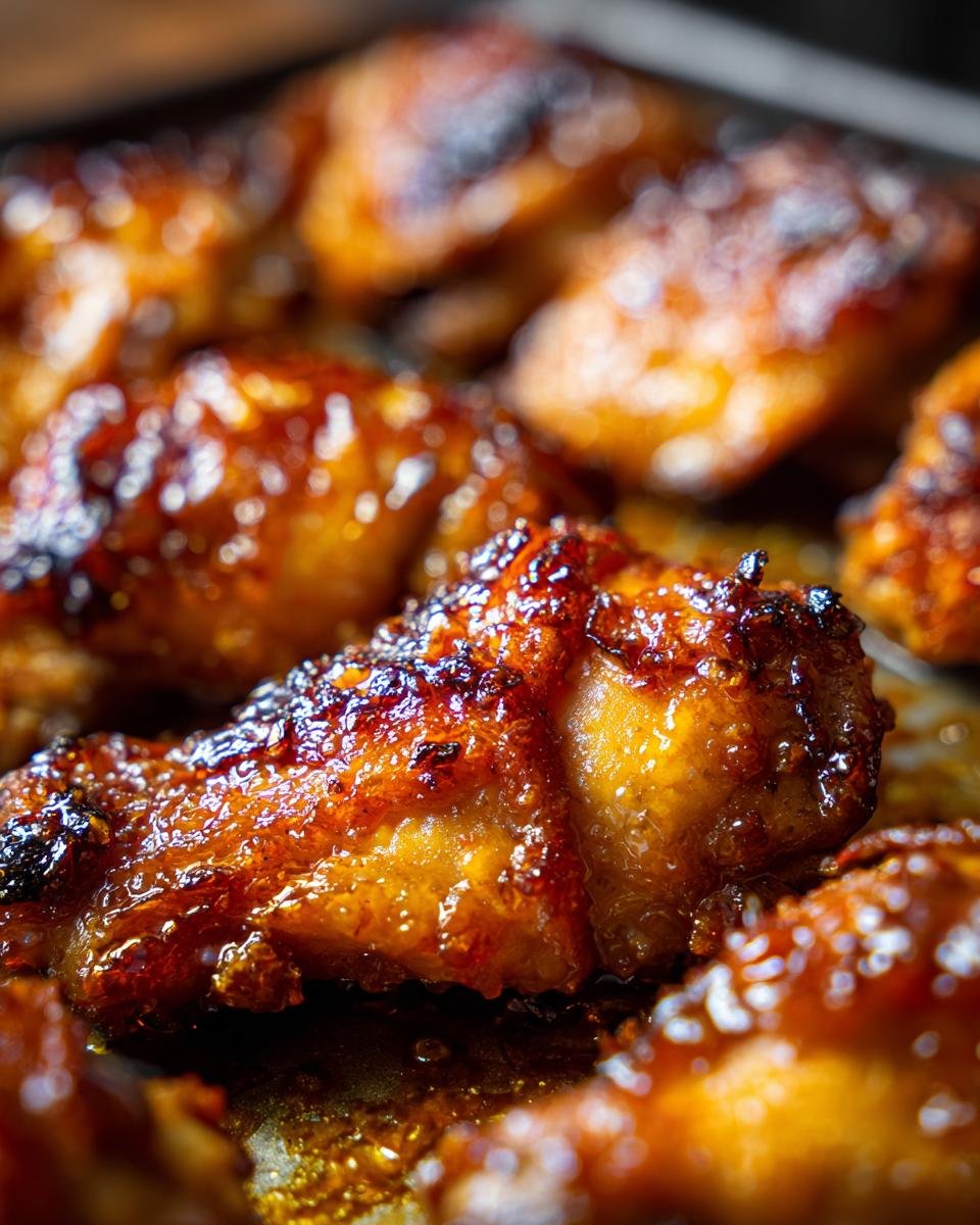 Close-up of glistening baked honey garlic chicken wings with a caramelized glaze.