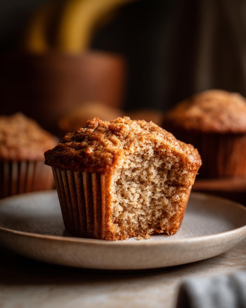 Close-up of a moist Banana Zucchini Muffin with a bite taken out, revealing the tender crumb.