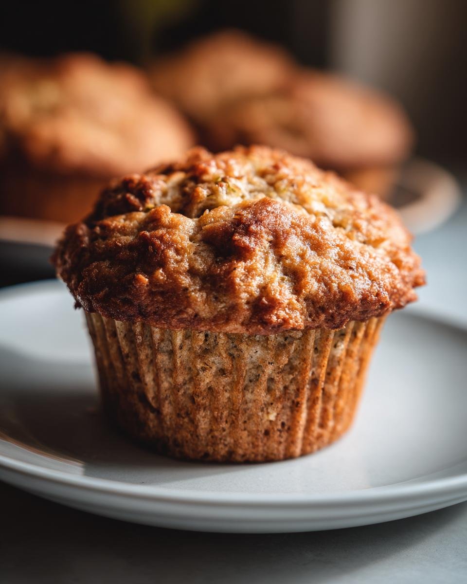 Close-up of a perfectly baked Banana Zucchini Muffin on a white plate, showcasing its golden-brown crust and moist texture.
