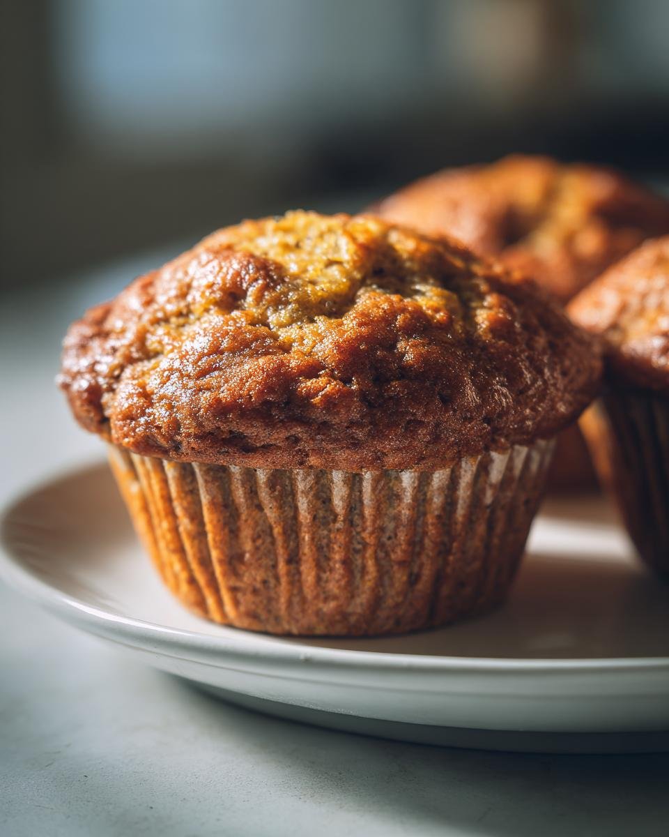 A close-up of a perfectly baked Banana Zucchini Muffin on a white plate, showcasing its golden-brown top and textured crust.