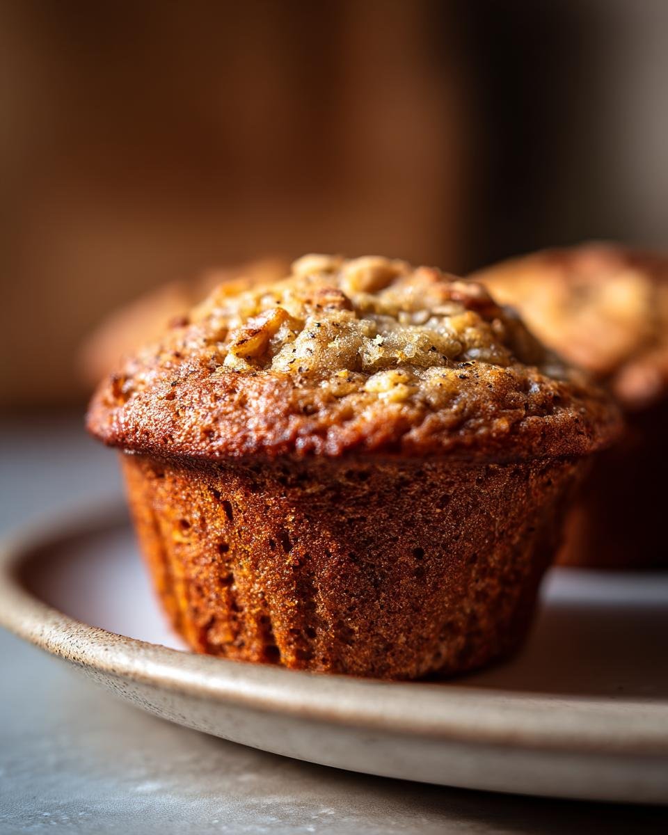 Close-up of a moist Banana Zucchini Muffin with a golden-brown crust and textured top.