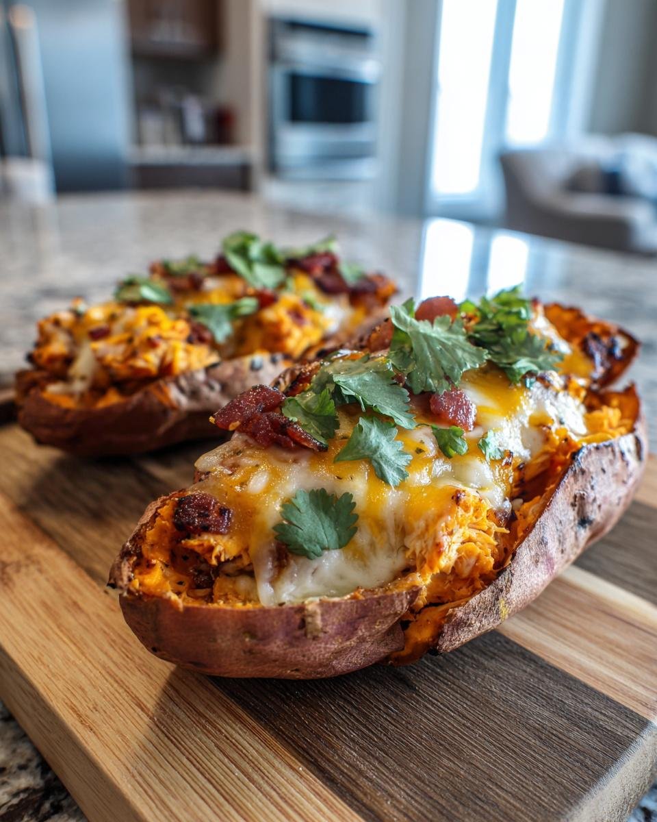 Close-up of two Irresistible BBQ Chicken Stuffed Sweet Potatoes, topped with melted cheese, bacon, and cilantro.