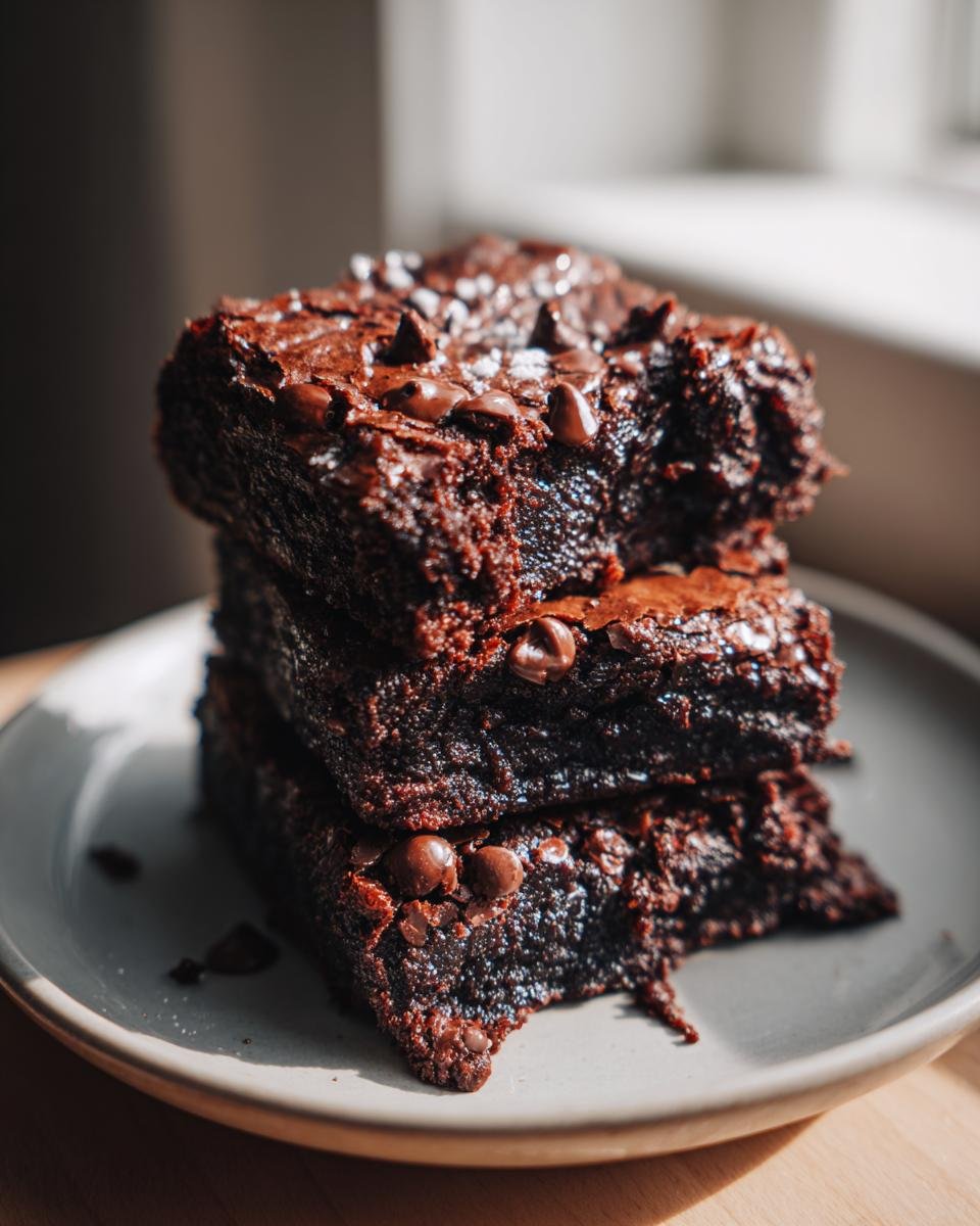 A stack of three rich, fudgy zucchini brownies topped with chocolate chips and a sprinkle of sea salt.