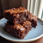 A stack of three rich, fudgy zucchini brownies with visible chocolate chips on a light blue plate.