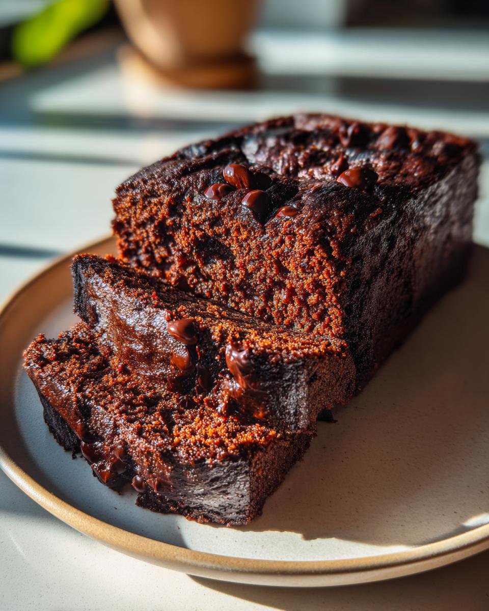Close-up of rich, dark chocolate zucchini brownies with melted chocolate chips on a plate.