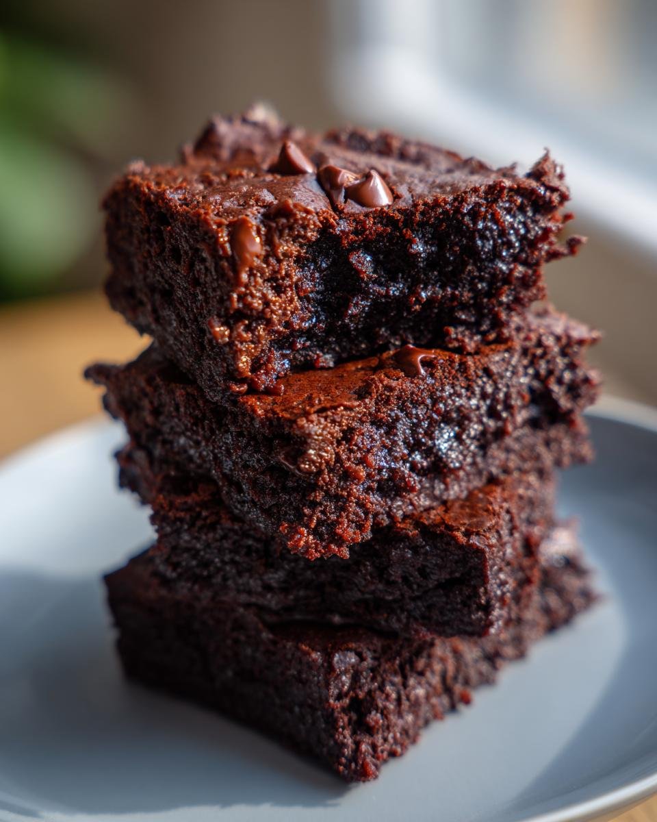 A stack of rich, dark chocolate zucchini brownies topped with chocolate chips.