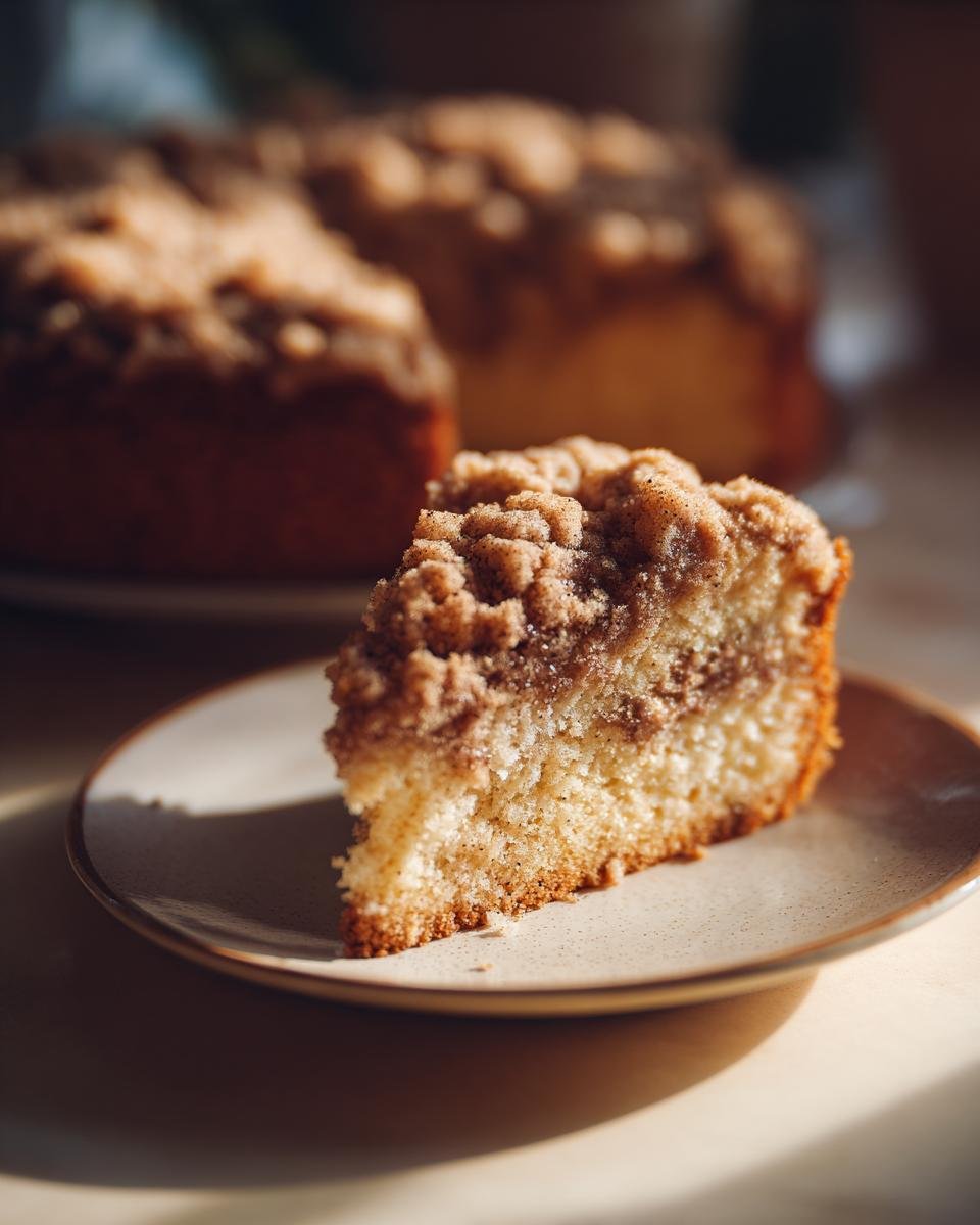 A close-up of a slice of moist Cake Mix Coffee Cake with a crumbly cinnamon topping on a plate.