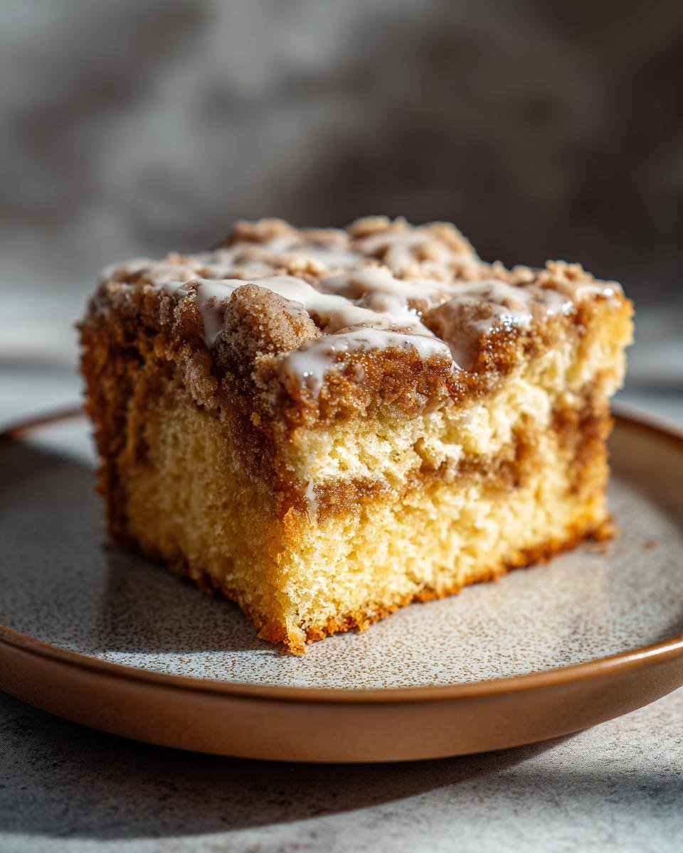 A close-up shot of a moist slice of Cake Mix Coffee Cake with a streusel topping and a drizzle of icing.