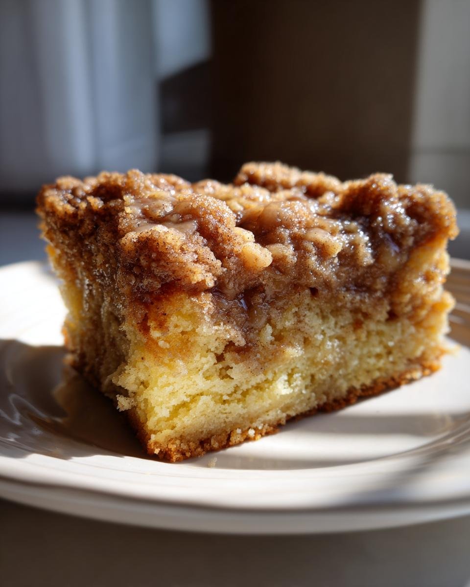 A close-up of a slice of moist cake mix coffee cake with a crumb topping on a white plate.