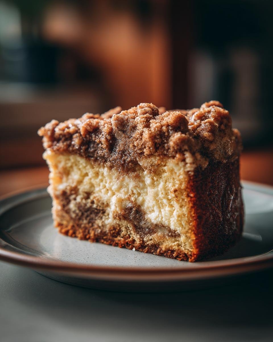 A close-up of a slice of moist Cake Mix Coffee Cake with a crumb topping and cinnamon swirl.