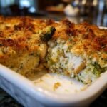 A close-up view of a Cheesy Chicken and Broccoli Casserole with a golden-brown breadcrumb topping.