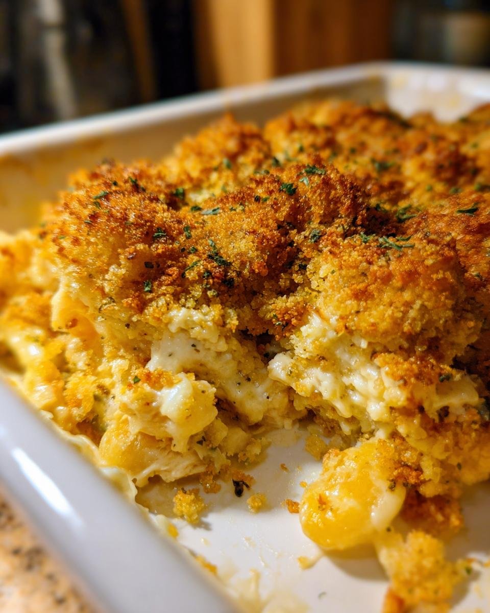 Close-up of a Cheesy Chicken and Broccoli Casserole with a golden breadcrumb topping and creamy filling.
