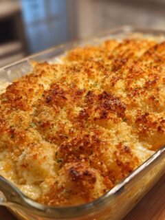 A golden-brown, baked Cheesy Chicken and Broccoli Casserole in a glass dish, topped with crispy breadcrumbs.