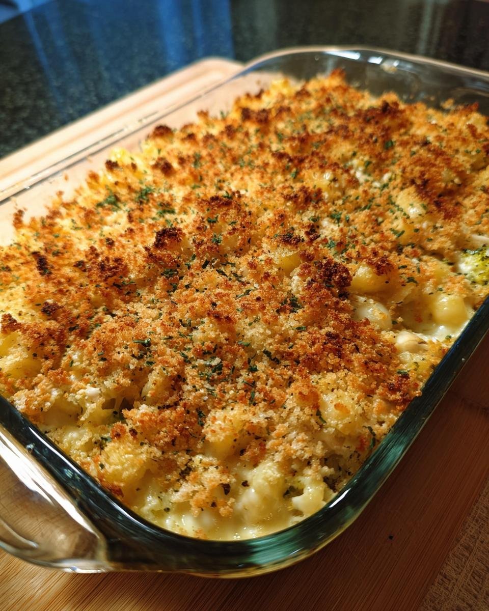 A golden-brown baked Cheesy Chicken and Broccoli Casserole in a glass dish, topped with crispy breadcrumbs and herbs.