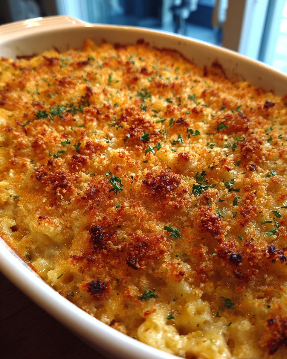 Close-up of a golden-brown, baked Cheesy Chicken and Broccoli Casserole with a crispy breadcrumb topping and fresh parsley.