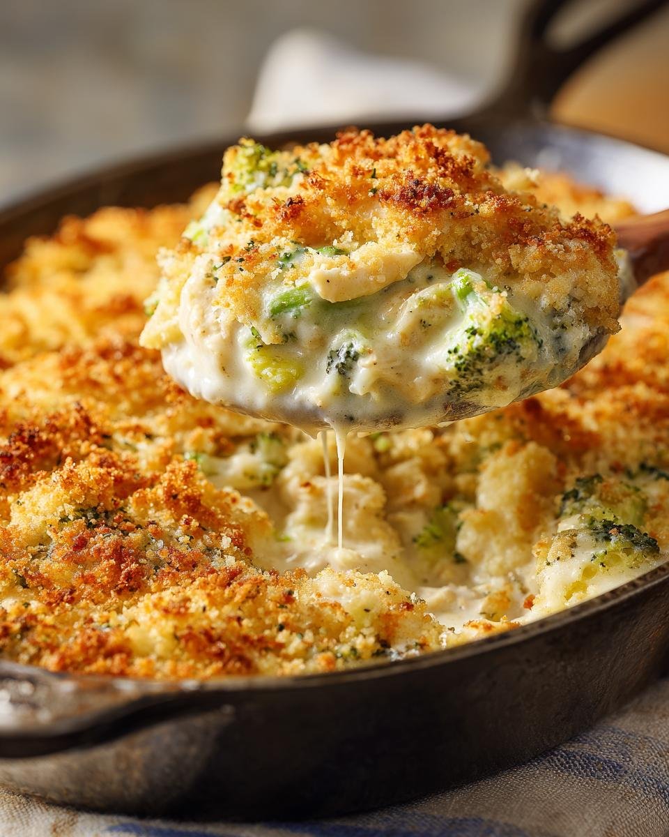 A scoop of Cheesy Chicken and Broccoli Casserole being lifted from a cast iron skillet, showing melted cheese and golden breadcrumbs.