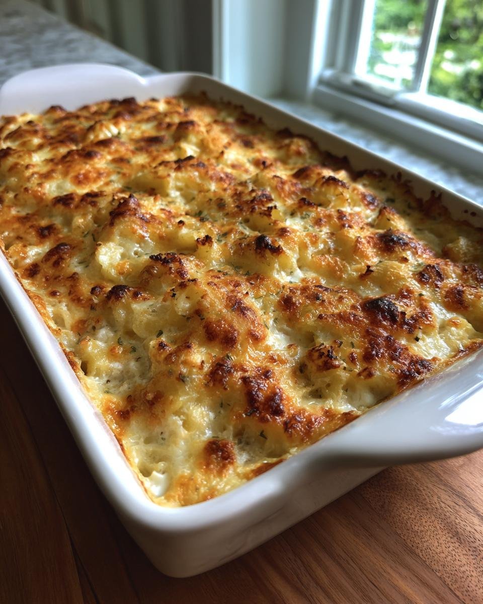 Close-up of a golden-brown, bubbly Cheesy Tuna Noodle Casserole fresh from the oven in a white baking dish.
